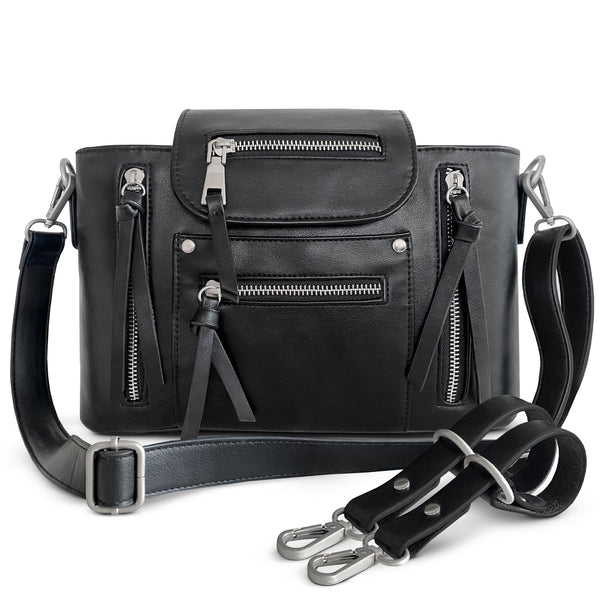 Mezza Convertible Mini Crossbody Diaper Bag to Stroller Organizer Bag -  Black with Matte Silver Hardware